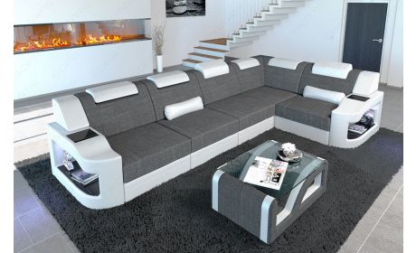 Luxus Stoffsofa Padua L Form mit LED-Beleuchtung in grau - Hugo5 Strukturstoff