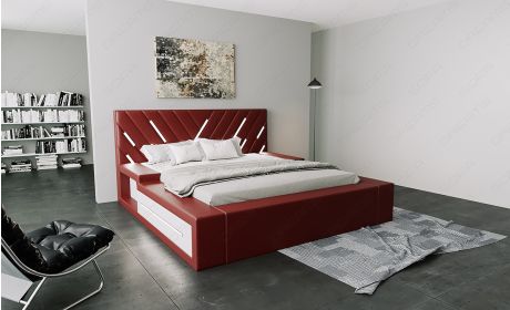 Designer Boxspringbett Contrada in rot-weiß mit LED Beleuchtung