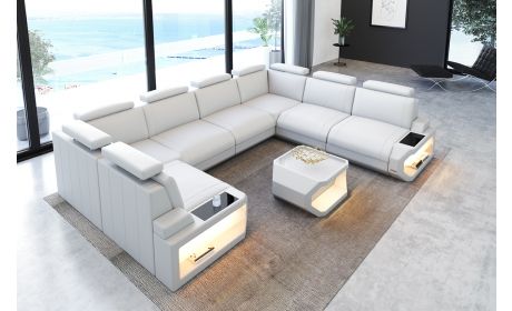 Wohnlandschaft Siena U-Form Büffelleder Weiß USB - Outlet