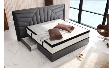 Boxspringbett Monaco Samtstoff Bezug, LED Beleuchtung und Schubladen in silbergrau - SunVelvet1014 - Nebenfarbe schwarz